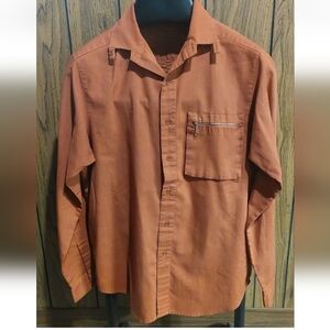 Vintage 70s Brittania Button Down Shirt Brown Zipper Pocket Medium Long Sleeve